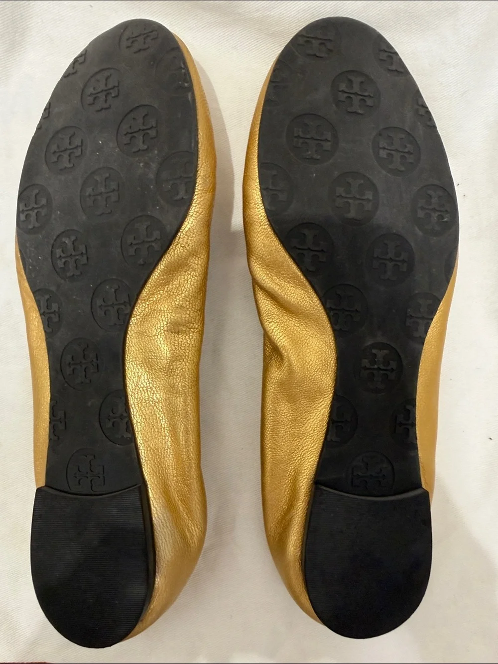 Tory Burch Metallic Gold Logo Round-Toe Ballet Flats